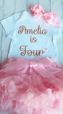 Personalised Girls 4th Birthday Four Tutu Fourth T-Shirt/Vest Baby Pink Gold