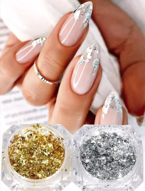 2x Töpfe Nail Art Folie Blattflocken Goldtopf und Silberfolien Nägeldeko UK