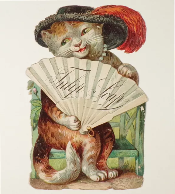 Scarce Tulip Soap Victorian Trade Card, Anthropomorphic Die Cut Cat Kitty w/ Fan