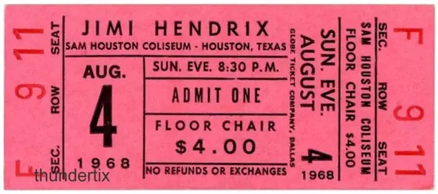 1  1968  JIMI HENDRIX UNUSED FULL CONCERT TICKET Houston TX  laminated reprint