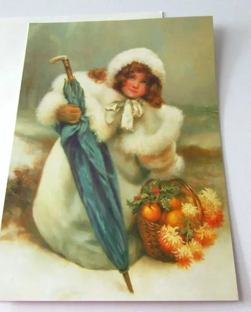Vtg Christmas Card Victorian Look Greetings The Weaver of Snow Girl