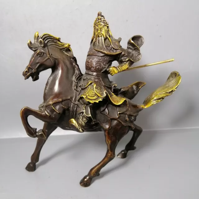 Chinese Copper gilt Handmade Carved Exquisite Riding horse Guan Gong statue