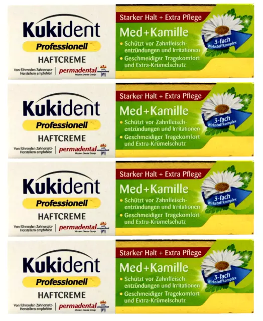 Kukident Professionell Haftcreme Med+Kamille Starker Halt+Extra Pflege 4 x 40g