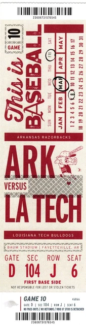 Arkansas Razorbacks Baseball Ticket Stub LA Tech Game 3/8/2019 Baum Stadium
