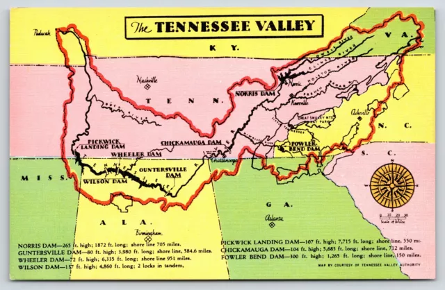 Tennessee Valley~Map with Marked Dams & Rivers~Compass~Linen Postcard