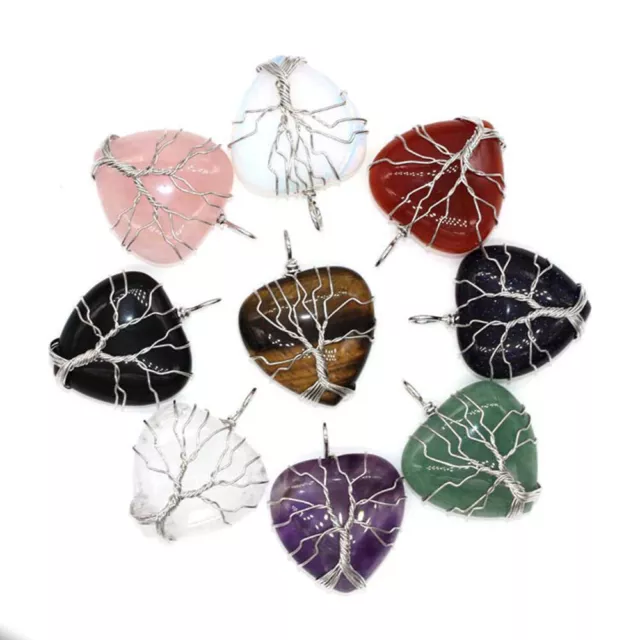 Natural Healing Crystal Quartz Wire Wrap Tree Of Life Heart Chakra Stone Pendant