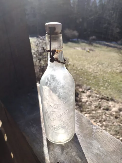 Vintage Embossed Citrate Of Magnesia Bottle With Porcelain Bail Stopper