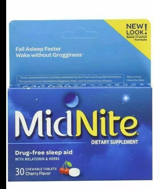 3 cajas de ayuda para dormir MidNite de medicamentos 30 tabletas masticables de cereza cada caja