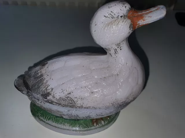 French antique Portieux Vallerysthal lidded white glass dish duck