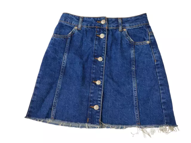 Womens Topshop Moto Uk 8 Blue Denim Casual Button Front Raw Hem Jean Mini Skirt