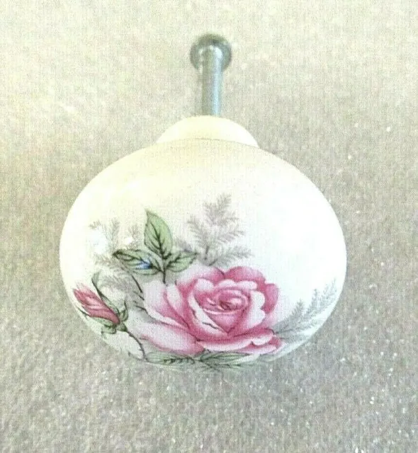 Ceramic 1.5" Drawer Cabinet Door Pull Hardware Knob WHITE  Round W / Pink Rose