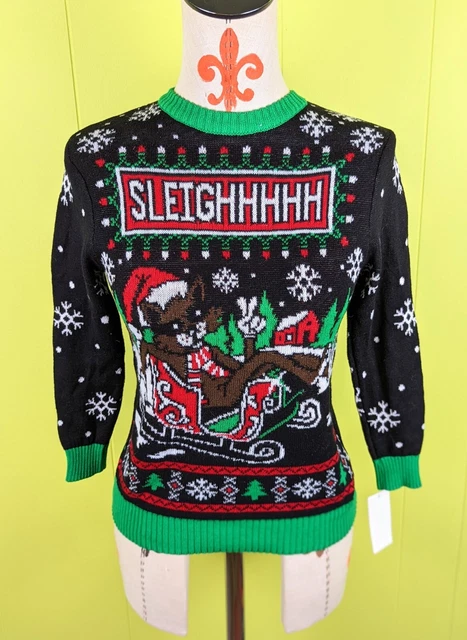 NWT Well Worn Youth Holiday Cat Sleigh Knit Ugly Christmas Sweater Black Green