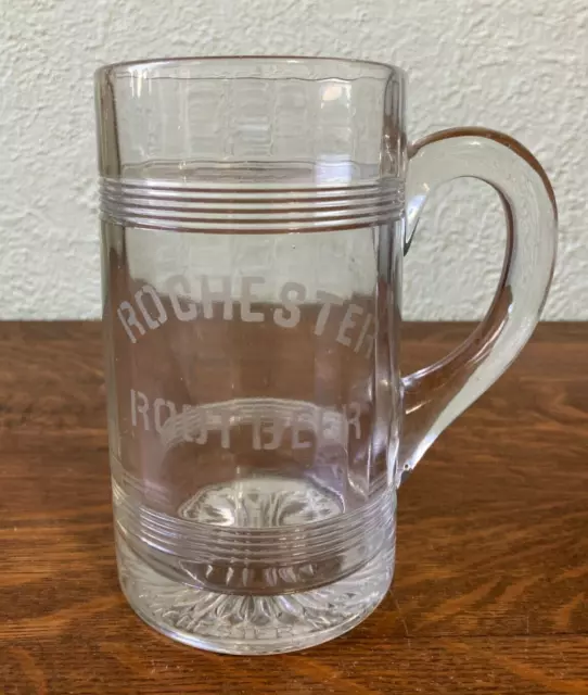 Vintage antique etched Rochester NY Root Beer Large Glass Mug Hungerford Smith