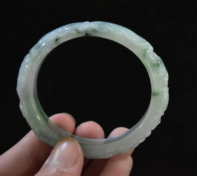 2.6" Old Chinese Dynasty Natural Jadeite Jade Carving Lotus Ornaments Bracelet