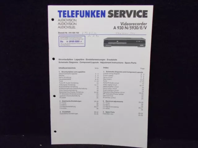 Telefunken Service Manual, Videorecorder A932n/ 5930/ E/ V, Ge English #K-325-22