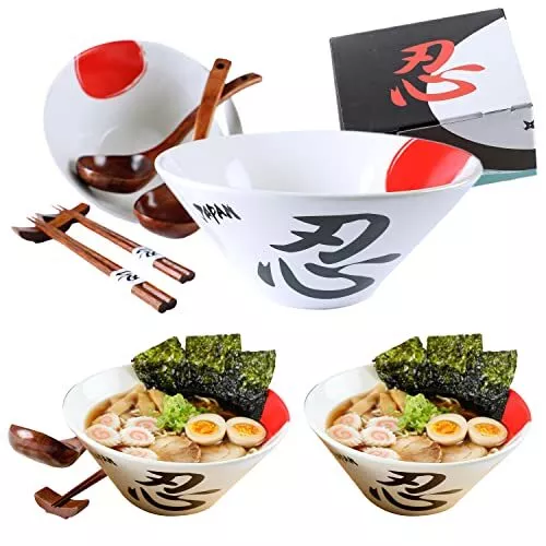 HAKONE YOSEGI Ceramic Japanese Ramen Bowl Set 60oz Large Ramen Bowls with Cho...