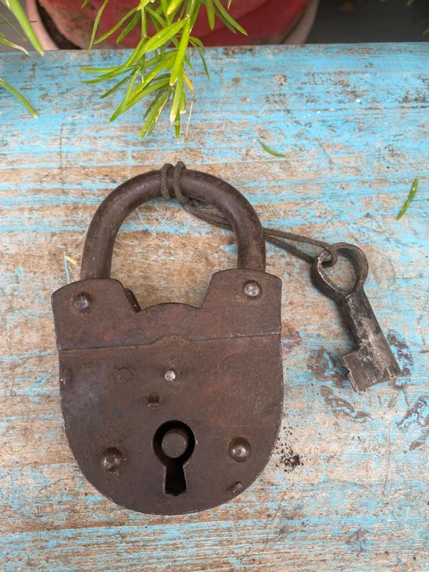 Primitive Old Made In Germany Hand Carved & Forged Iron Lock With Key For Door