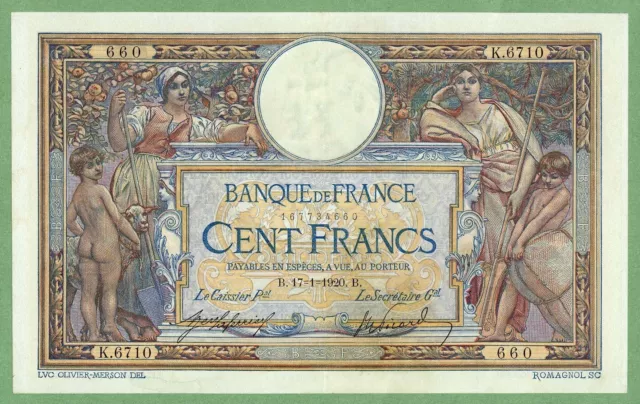 FRANCE  100 FRANCS MERSON 17-1-1920 VF++/aXF PICK #71a RARE & BEAUTIFUL BANKNOTE