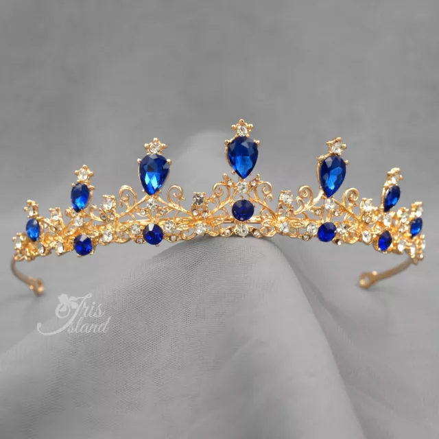 Princess Blue Austrian Crystal Rhinestone Tiara Crown Headband Pageant 0284 Gold