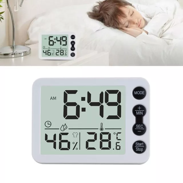 Orologio digitale bianco compatto display LCD con funzioni temperatura e allarme