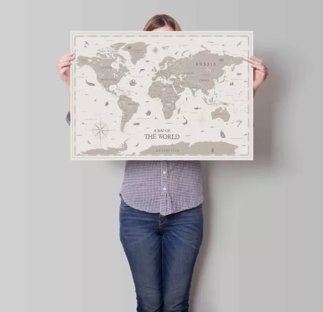 World Map Laminated  Print Poster Brown Wall Chart A1 A2 A3 Free Postage