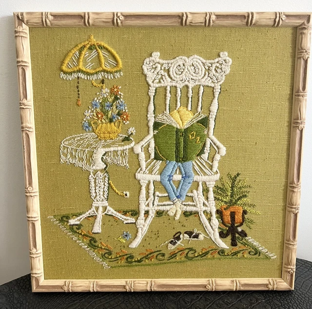 "Silla mecedora Needlepoint Crewel 1975 con marco profesional grande mimbre 15"""