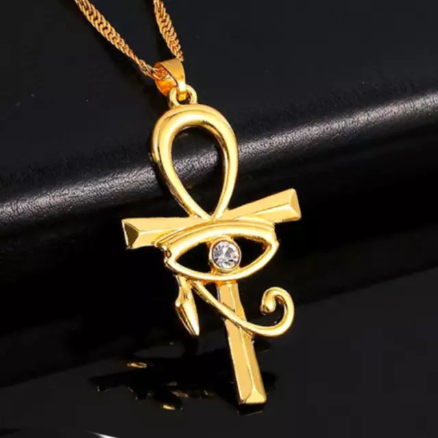 Mens Gold Egyptian Eye of Horus Ankh Cross Pendant Protection Necklace Chain 20"