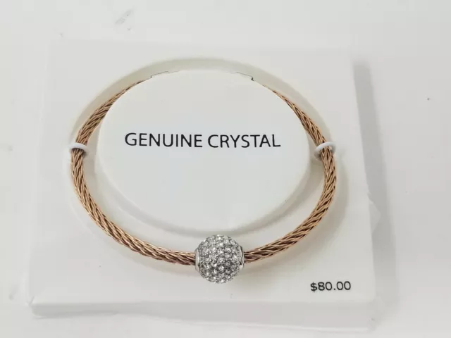 Braided Gold Tone Bracelet With Genuine Crystal Ball Pendant