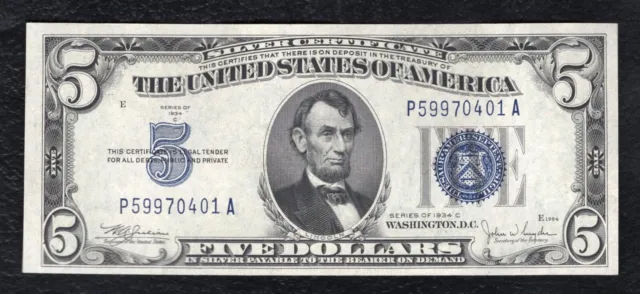 1934-C $5 Five Dollars Silver Certificate Currency Note Gem Uncirculated (B)
