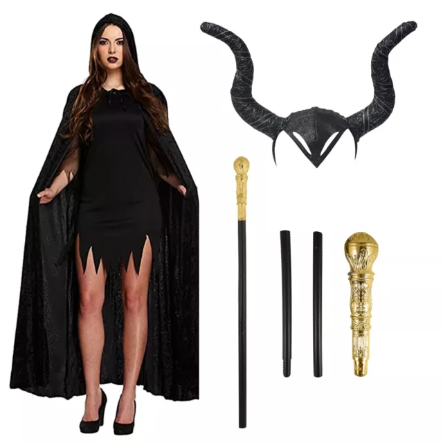 Evil Witch Costume Wizard Cape Horns Cane Halloween Ladies Fancy Dress Outfit