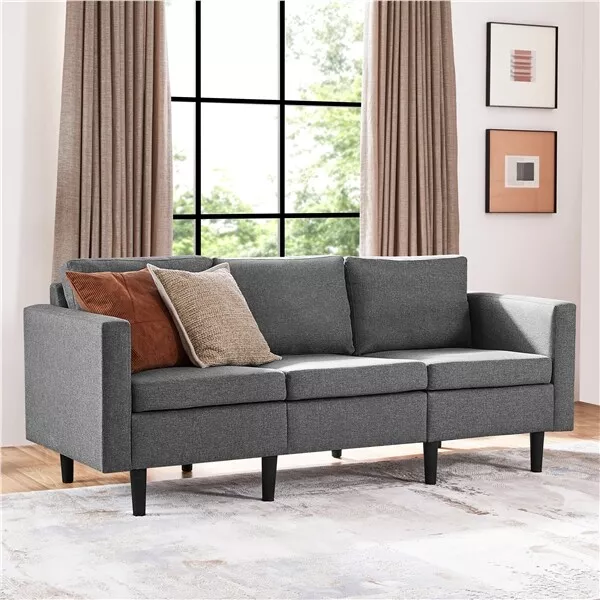 3-Seater Sofa 189CM For Living Room Fabric Upholstered Couch, Light Grey