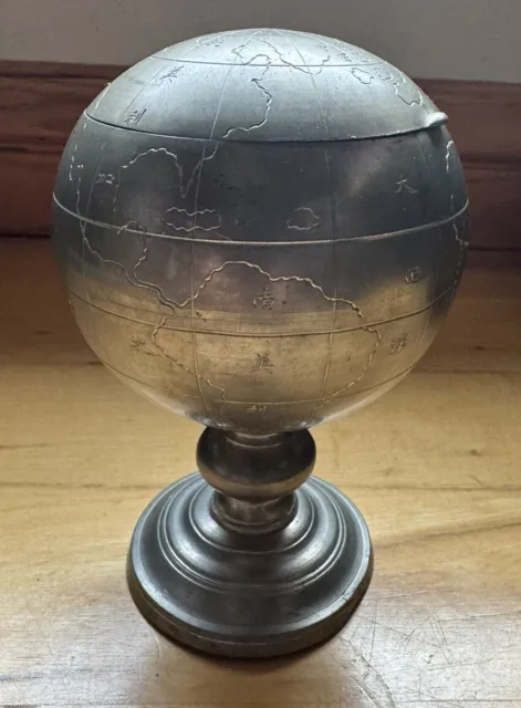 Antique Chinese Pewter Tea / Tobacco Caddy Engraved World Globe 