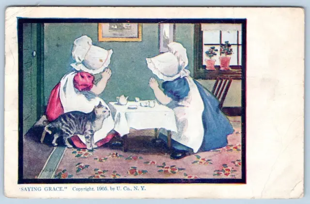 1908 Saying Grace Sunbonnet Girls Cat Kitten Tea Party Dorothy Dixon Postcard