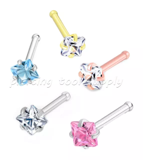 20G 2.5mm Square CZ Prong Set Nose Bone PVD Plated Surgical Steel Nose Stud Ring