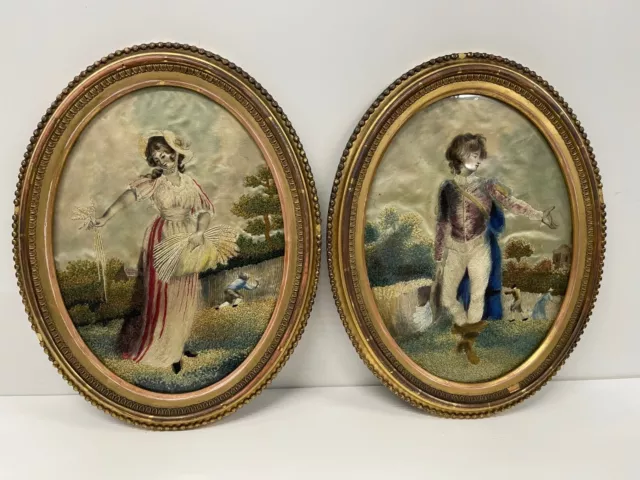 Antique Silk work Embroidered Pictures Pair Courting Couples framed Regency