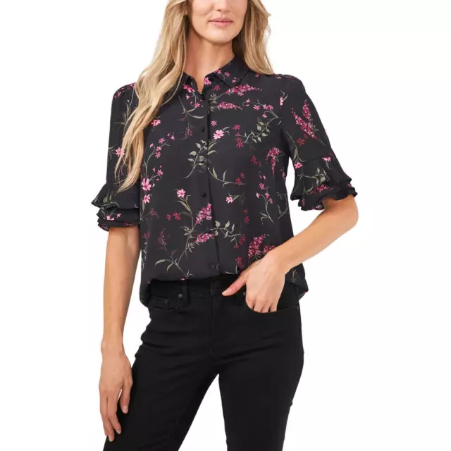 CeCe Womens Black Floral Print Ruffle Sleeves Top Blouse Shirt S BHFO 3001