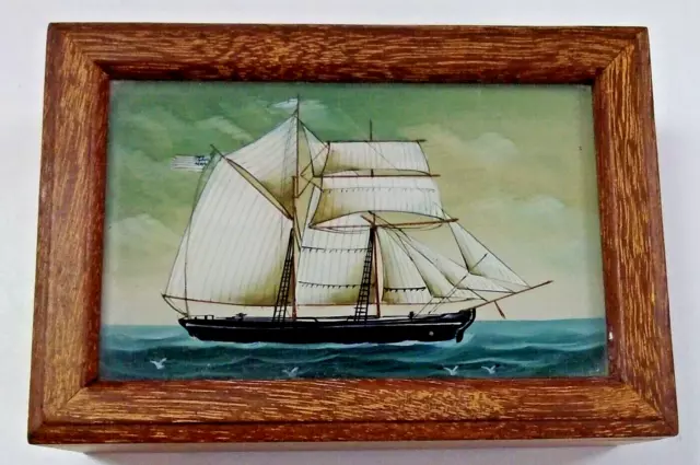 Wooden Cigarette Or Card Box With Picture Of Sailing Ship Behind Glass