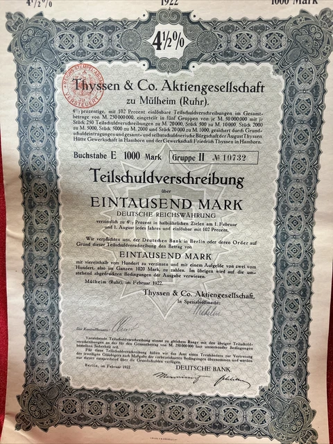 Germany Vintage 4.5% Thyssen & Co. Aktirngesellschaft Loan Bond 1000 Mark 1922