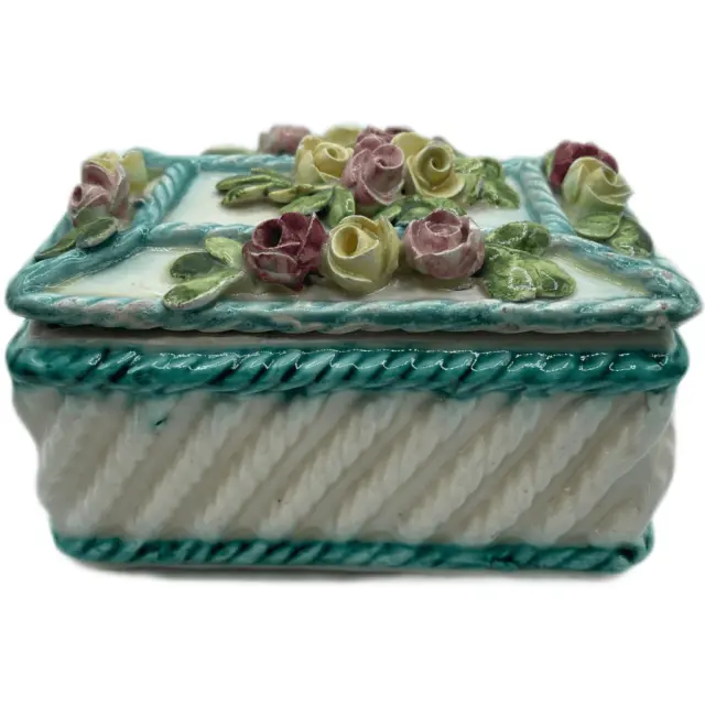 Stunning hand painted made in Italy rose cover ceramic trinket box