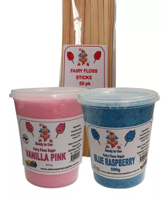 Fairy Floss Sugar, 4 x 500g Resealable Tubs, With Sticks, Assorted Flavours 2