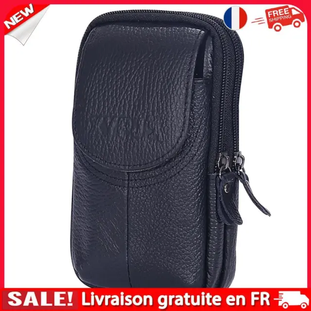 Men Cowhide Leather Phone Belt Bags Solid Color Zipper Fanny Pack (Black)