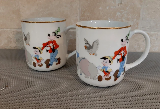 2 Walt Disney VTG Mickey Mouse Pluto Goofy Coffee Cup Mug Porcelain Japan 1970s