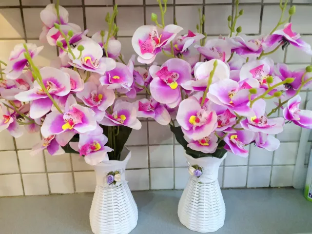 Pair of artificial large bunch purple orchid flower & vases Decorations