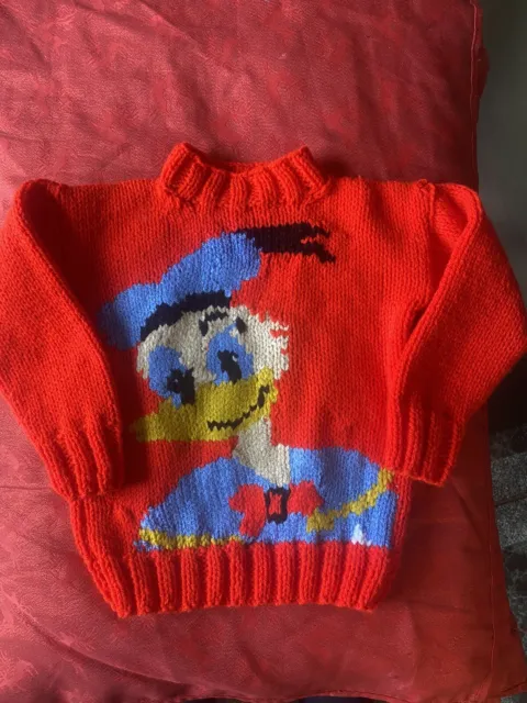 Donald Duck Disney Jumper Size 1 -2 Knitted In Aran Wool