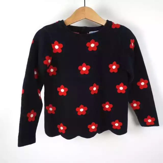 Jacadi Paris Navy Blue Scallop Hem Red Floral Knit Sweater Sz 6 (116 cm)