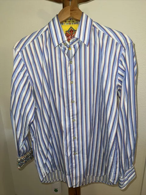 Robert Graham Button Down Shirt Colorful Flip Cuff Mens Medium Party LS Striped