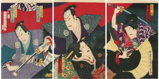Japanese Woodblock Print Kunichika Kabuki Actors Print Original Woodcut Triptych