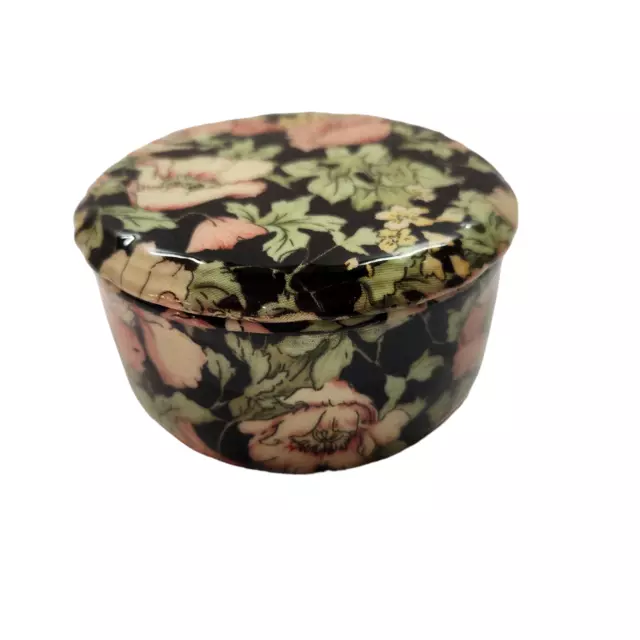 Black Floral Lacquered Chintz Ceramic Jewelry Trinket Box Tufted Inside