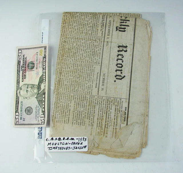 1875 Antique Vtg CB&Q CHICAGO BURLINGTON & QUINCY RAILROAD MOULTON TIMETABLE