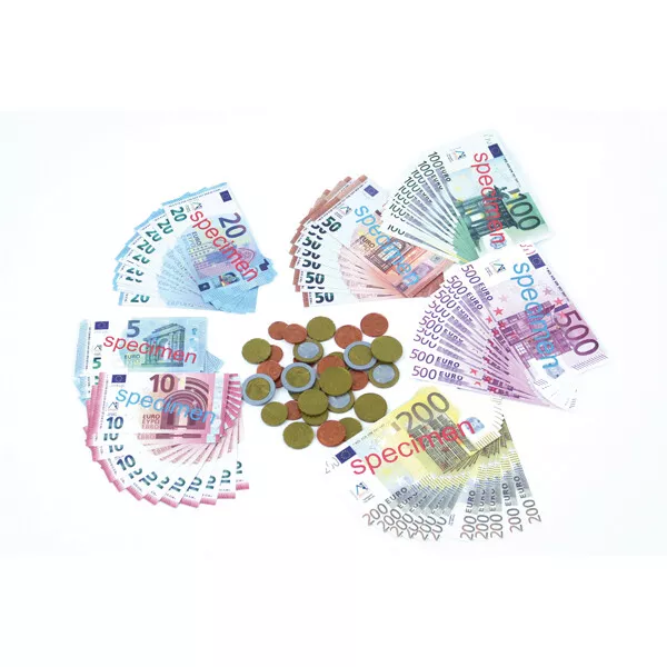 Euro Spielgeldsatz 30x Münzen / 84x Scheine Münzgeld Banknoten